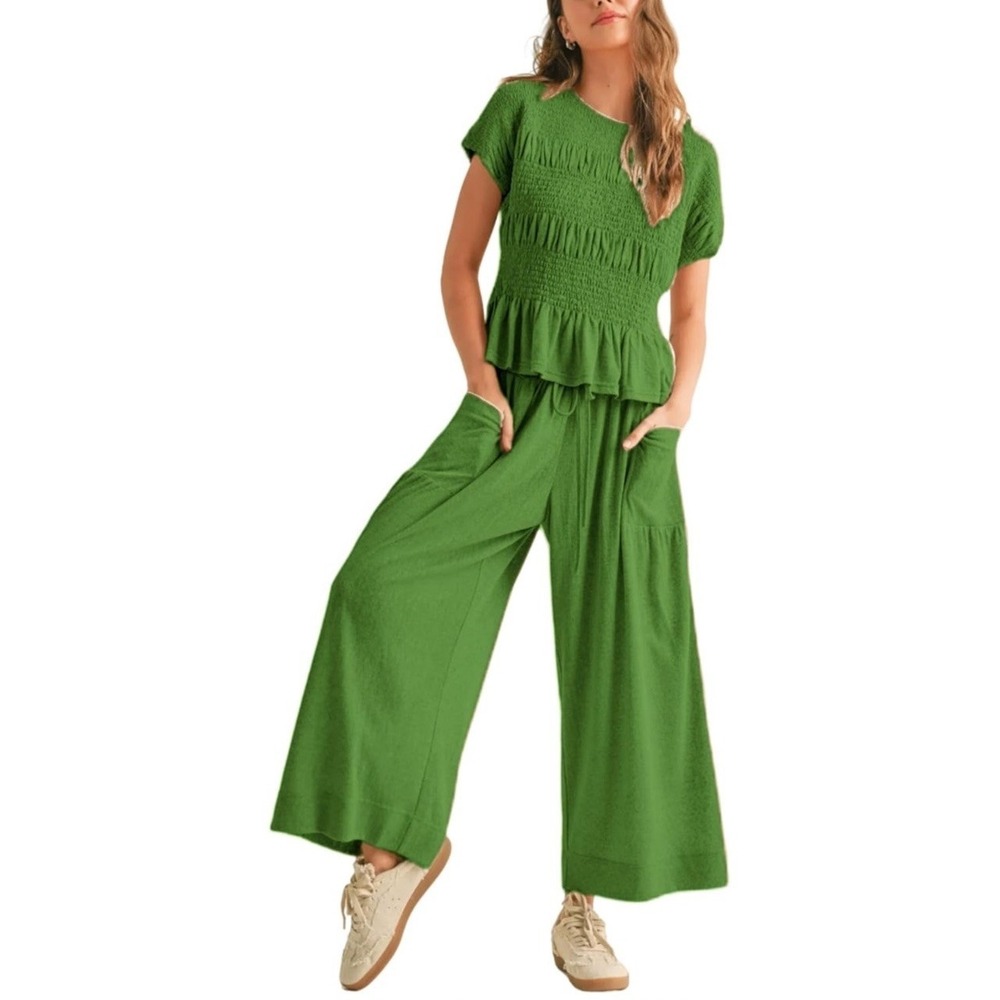 2 Piece Smocked Top Wide-Leg Pants Set High-Waisted Lounge Outfit Pockets Large